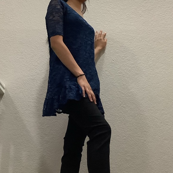 Style & Co. Blue Quarter Sleeve Lace Ruffle Hem Top Women's Medium Petite - Picture 1 of 9